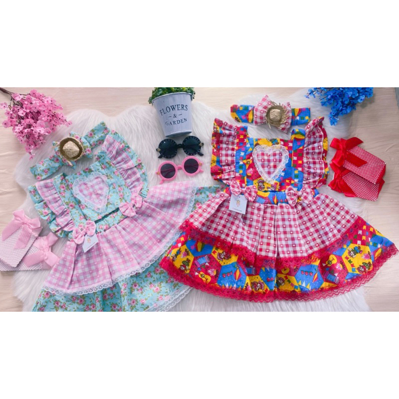 Romper Festa Junina Xadrez Rosa Vermelho Body Salopete Fantasia Vestido Jardineira Infantil Bebê Menina Bandeirinhas Chapeuzinho Palha