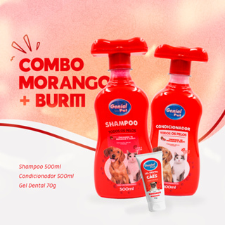 Kit Combo Shampoo e Condicionador Morango e Buriti, Gel Dental Morango para Cães e Gatos