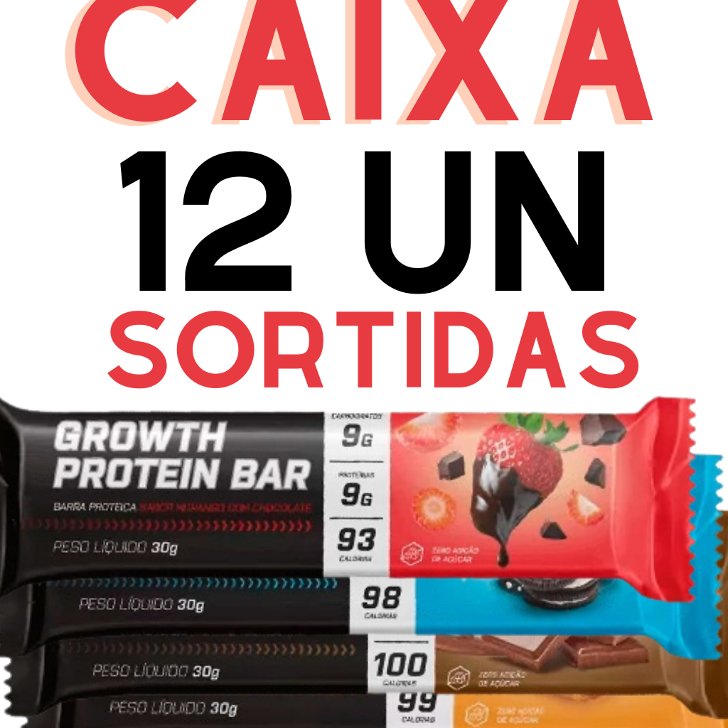 Barra de Proteina Barrinha Cereal Whey Bar Growth Caixa 12 Unidades Varios sabores Chocolate Morango Churros Dieta academia suplemento perder peso emagrecer Sortidas