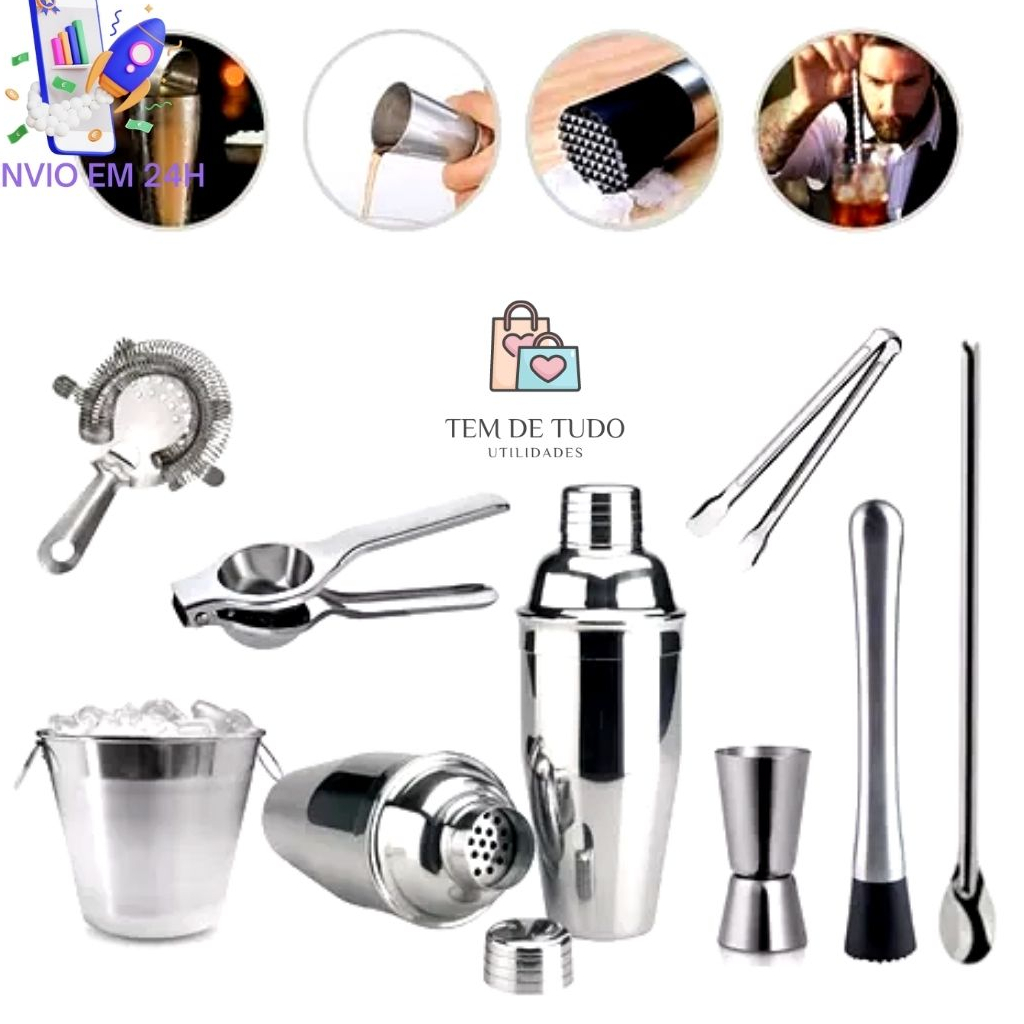 Kit Caipirinha Barman Profissional Completo Combo Inox Coqueteleira 500ml 8 Peças