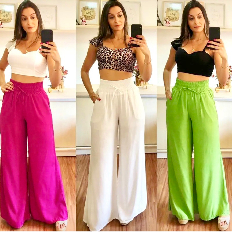 05 Calça Pantalona Feminina Com Bolso Cintura Alta Moda Super Envio! !