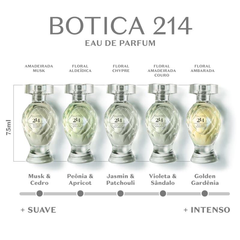 Botica 214 75 ML O Boticário (Muscle & Cedro, Peônia & Apricot, Jasmim & Patchouli, Violeta & Sândalo, Golden Gardênia, Dark Mint)