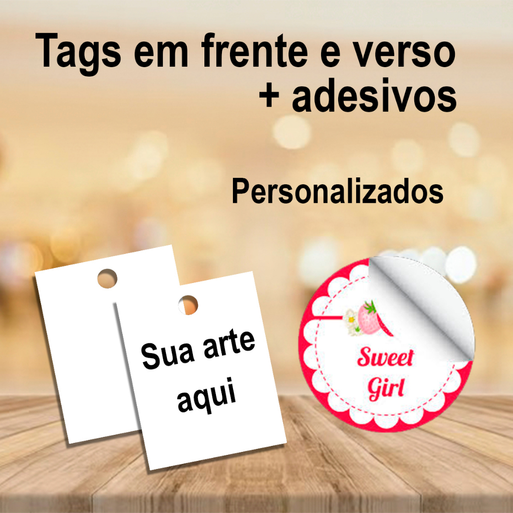Kit 100 tags frente e verso 4x5 + 100 adesivos 4cm personalizados ...