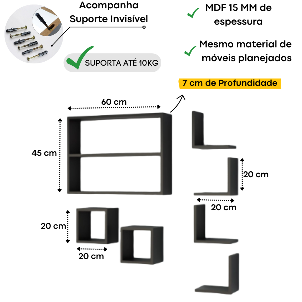 Imagem do produto Conjunto 7 Peças Nichos E Prateleiras L Slim Parede Decorativo Mdf Quarto Sala 3