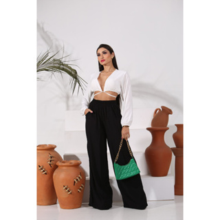 Calça Pantalona Feminina Tecido Viscolinho Cintura Alta