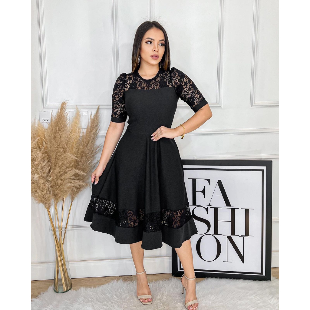 Vestido renda rodado gode boneca midi manga manguinha moda cristã