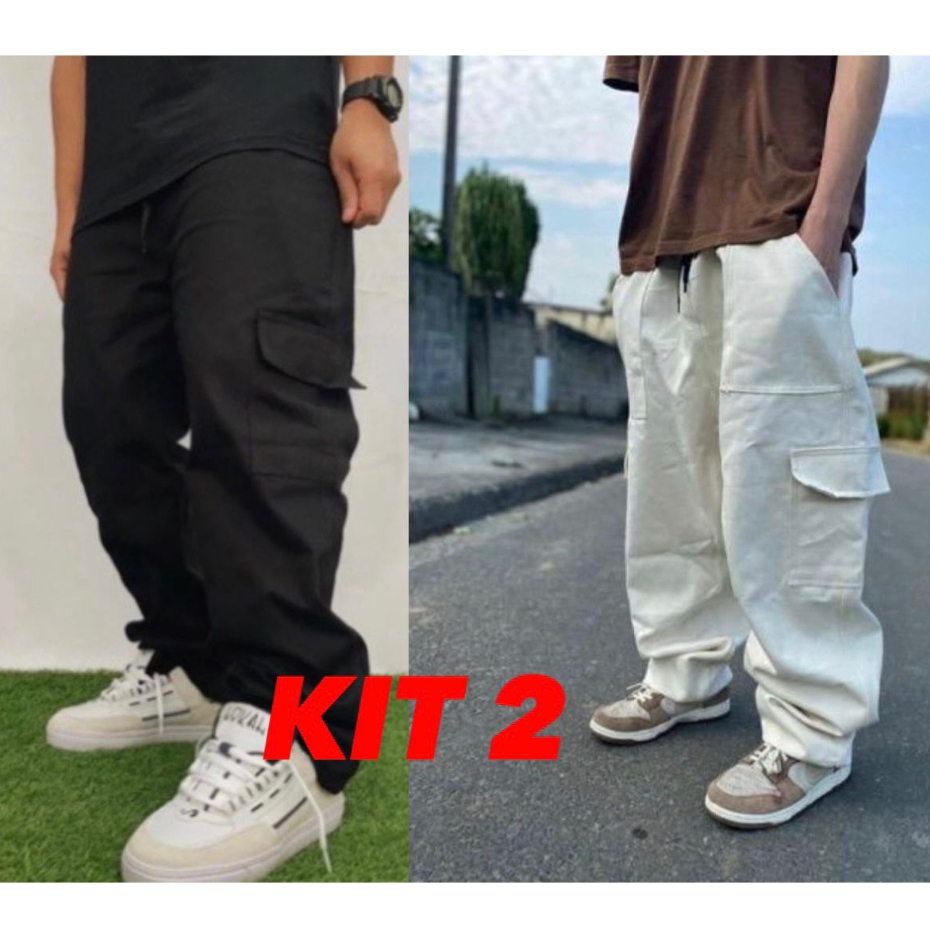 Calça Cargo Skate Caqui bege Preta Streetwear Larga Feminina Masculina  Unissex Casual Skatista 5 Bolsos Fechamento Cordão Moda