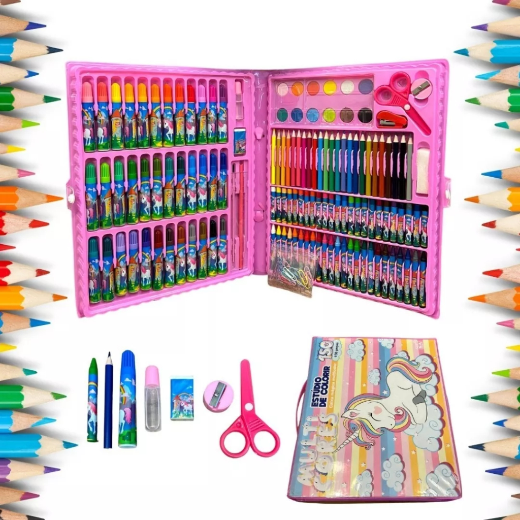 Maleta Pintura Infantil 150 Peças 30 Desenhos Estojo Escolar Completo  Presente Criança Menino Menina Grande Canetinhas Giz de Cera Lápis de Cor -  Lugari - Maleta / Conjunto Artístico - Magazine Luiza