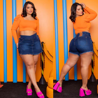 Short saia jeans feminino plus size c/ lycra