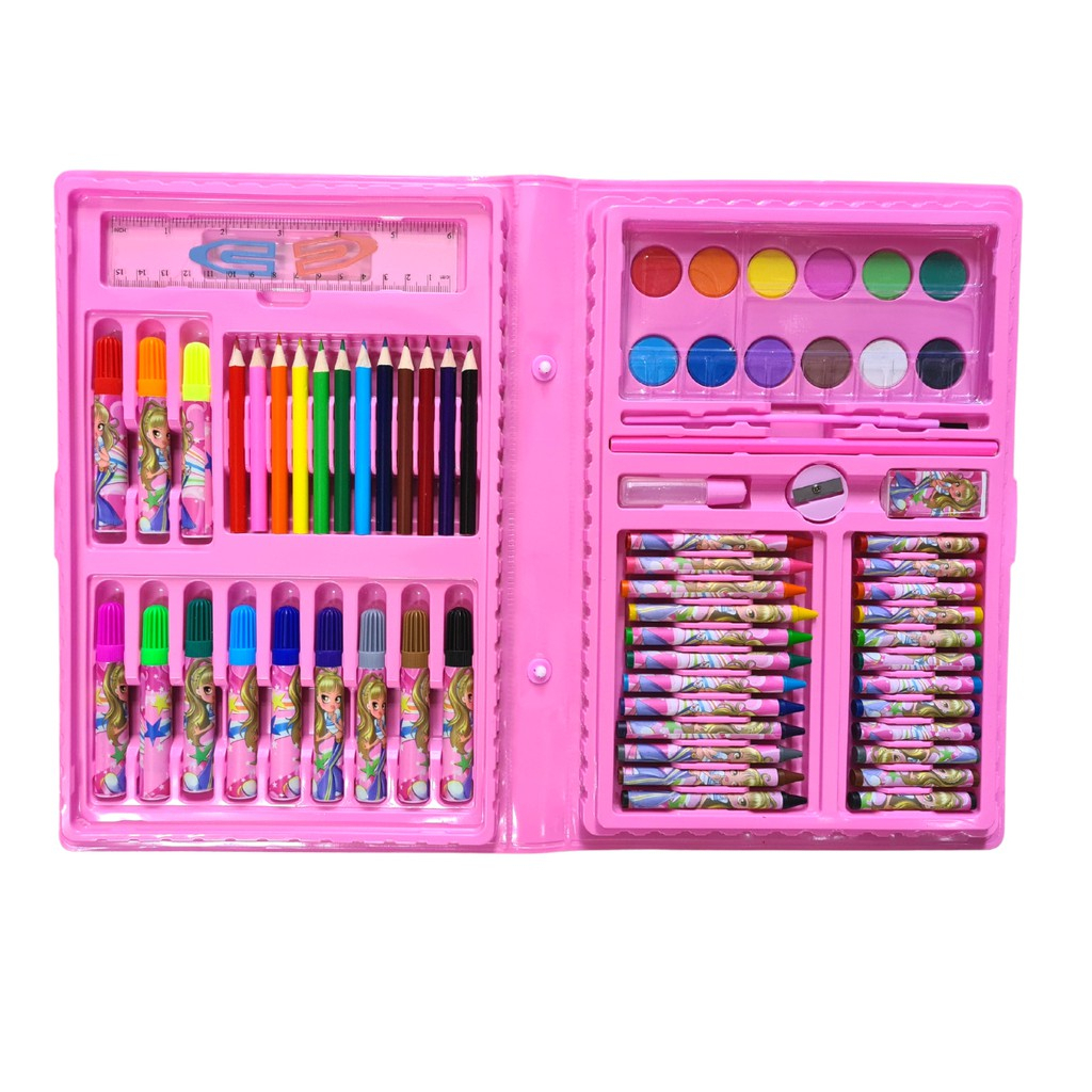 Estojo Maleta Pintura Infantil Canetinha Giz Lapiz 48 68 Peças Cores e Tamanhos Variados + Desenhos