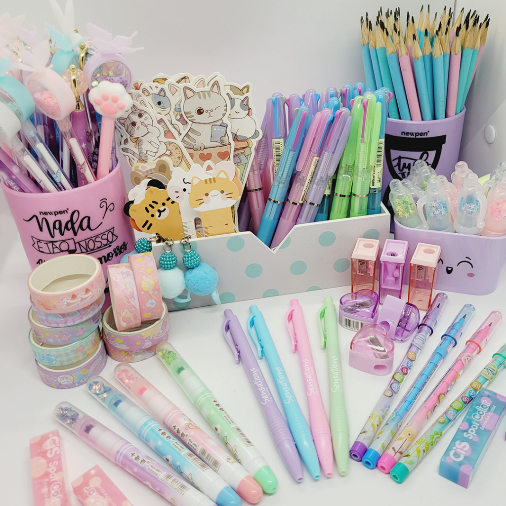 Box de Papelaria Fofa Tom Pastel - Material escolar kit Tons Pasteis