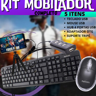 Mobilador Kit Completo Com Teclado, Mouse Usb, Hub 4 Portas Usb, Adaptador OTG, Suporte Celular Tripe