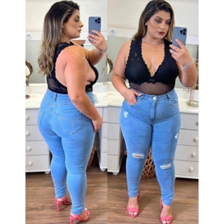 Calça Jeans Plus Size Feminina Grande Cintura Alta com Lycra (elastano) Strech Modeladora Skinny Rasgadinha E Sem Rasgo