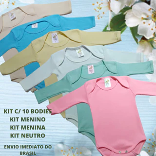 Body de Bebe Manga Longa Kit Com 10 Peças, Kit Menino, Kit Menina e Kit Neutro Liso 100% Algodão