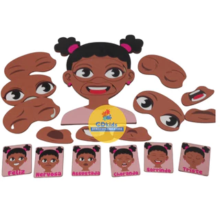 Jogo das Expressões MENINA 02 18 peças em Madeira Brinquedo Educativo Sentimentos Emoções