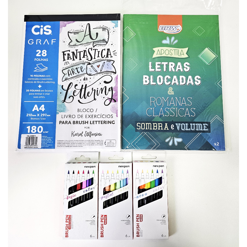 Kit Bloco Lettering CIS + Letras Blocadas BRW + 3 Estojos Caneta Brush ...
