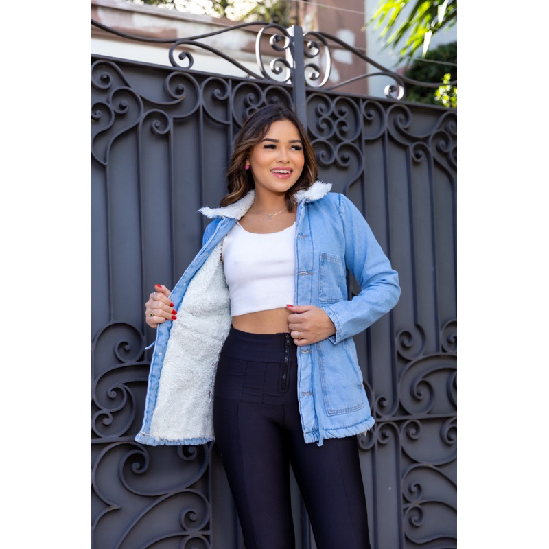Jaqueta Parka Jeans Jaqueta Jeans Com Pelinhos Parka Jeans Médio