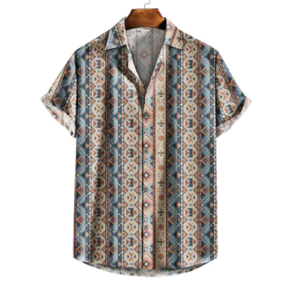 Camisa de Botão manga curta com padrão geométrico multicolorido estilo da estética vintage,