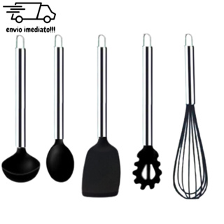 Utensílios Cozinha Silicone Cabo Inox 5 Peças Concha Fue Espátula Colher Pegador Macarrão