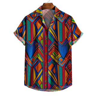 Camisa de Botão manga curta de praia com estampa geométrica colorida camisa preta com desenho geométrico multicolorido, ao estilo da ilustração digital