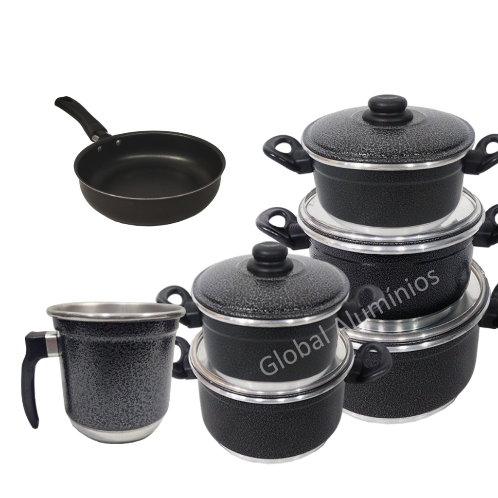 Jogo de Panelas 5 Peças Grafite + Fervedor + Frigideira 1 Ovo Antiaderente Preto