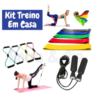 Kit Treino em Casa Elástico Extensor Cross Tube + Corda de Pular + Kit com 5 Faixas