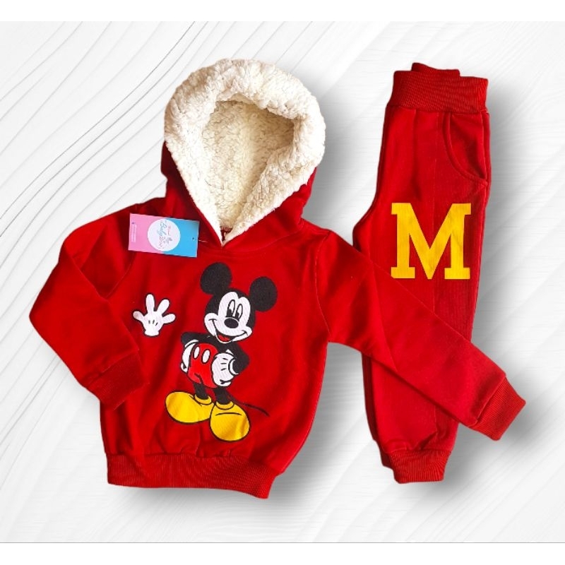 Conjunto Moletom Infantil Mickey Calça e Blusa com Touca Pelúcia Roupa Frio Inverno