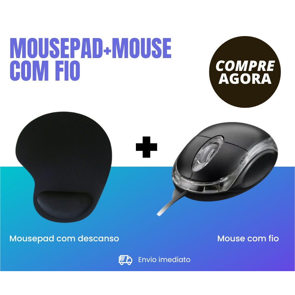 kit Mousepad com Descanso Pulso+Mouse Com Fio Usb Óptico Para Notebooks E Computadores De Mesa