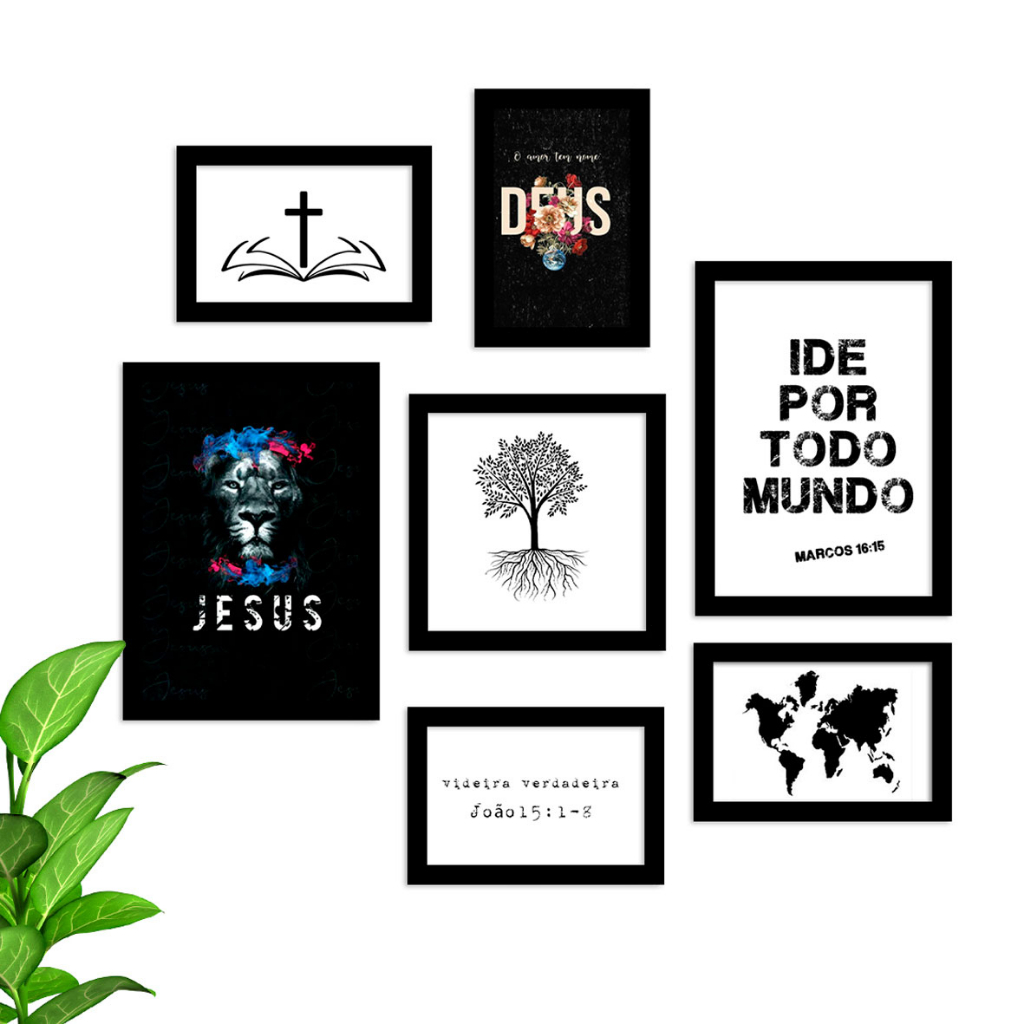 kit 7 Quadros Decorativos Leão Religioso Frases Bibilicas Motivacionais Diversos