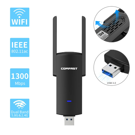 USB Wifi Adaptador 1300Mbps RTL8812BU Dual Band para PC Preto Ethernet Wi-Fi Dongle Antena Externa Wi-Fi Receptor Placa de rede