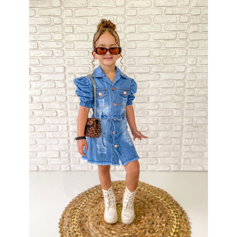 Vestido Jeans Infantil Manga Princesa Moda Blogueirinha | Shopee Brasil