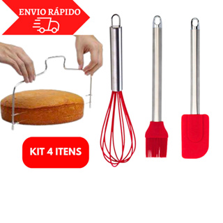Kit Confeiteiro 4 Peças Pincel De Silicone Pão Duro Fue Batedor De Ovo Cortador Fatiador Nivelador De Bolo Em Inox Ajustável 2 Linhas