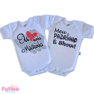 Kit 2 Body Bebê Meu Padrinho é Show Eu Amo Minha Madrinha Dindo Dinda Frase 100% Algodão Bori Bore Recém Nascido