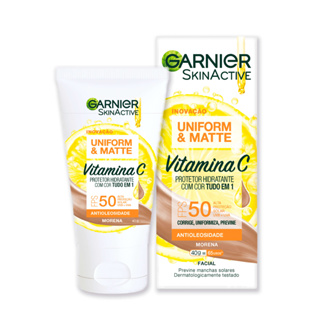 Protetor Solar Facial Hidratante Garnier Uniform & Matte Vitamina C FPS 50 Cor Morena, 40g