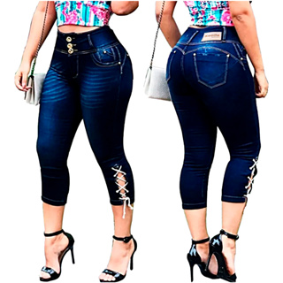 Calça jeans feminina Capri Cos Modeladora cintura alta com lycra fabrica