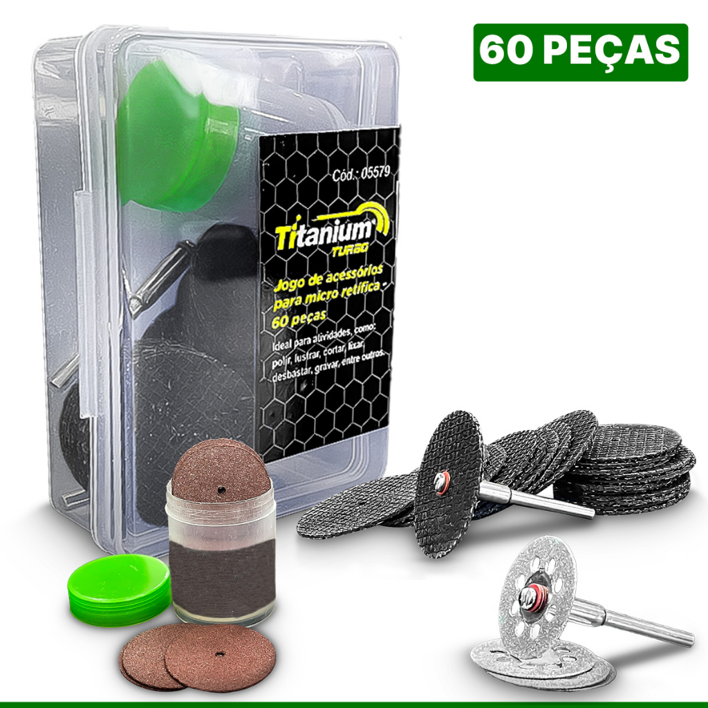 Jogo 60 Peças Titanium Micro Retifica Lixas Disco Escovas