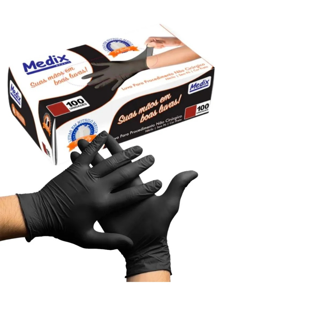 Luva Descartável Nitrílica Preta Black Sem Pó C/100 Medix