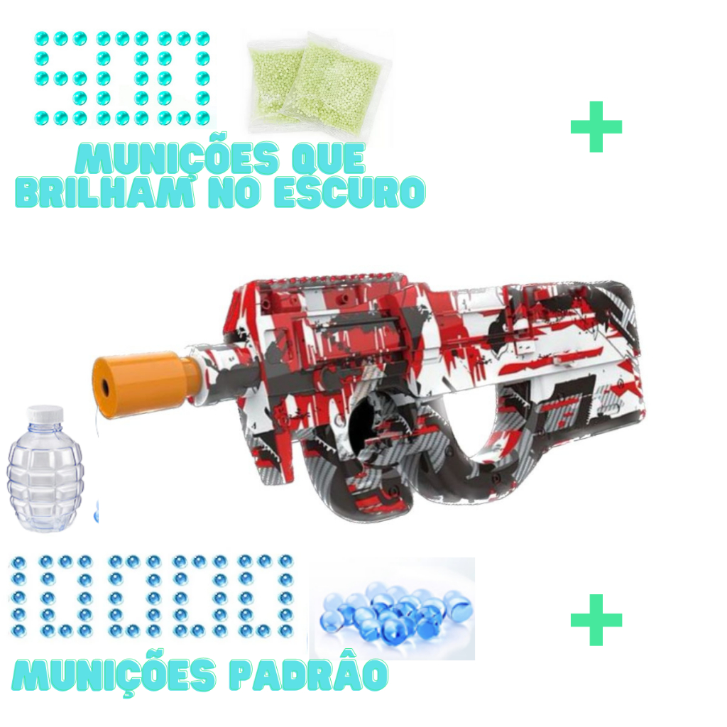 Arma De Brinquedo Atira Gel P90 Led Luz Quando Atira Com Munição Neon 10.000 Munições Cs