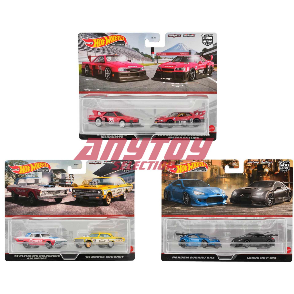 Hot Wheels Cultura De Carro Com Rodas Quentes Premium 2-Pack (Sílica Skyline Neissan/LB-ER34 Super Silhouette Nissan , Pandem Subaru BRZ/Lexus RC F GT3 , Plymouth Belvedere 426 Cunha /'65 Dodge Coronet) DIECAST SCALE MODEL CAR Miniatura