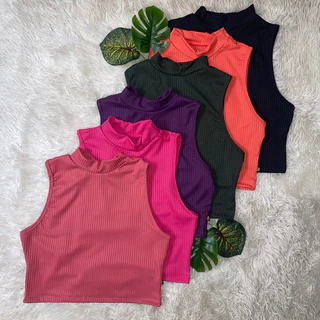 Cropped Blusa Feminina Canelado Sem Manga Gola Alta Regata