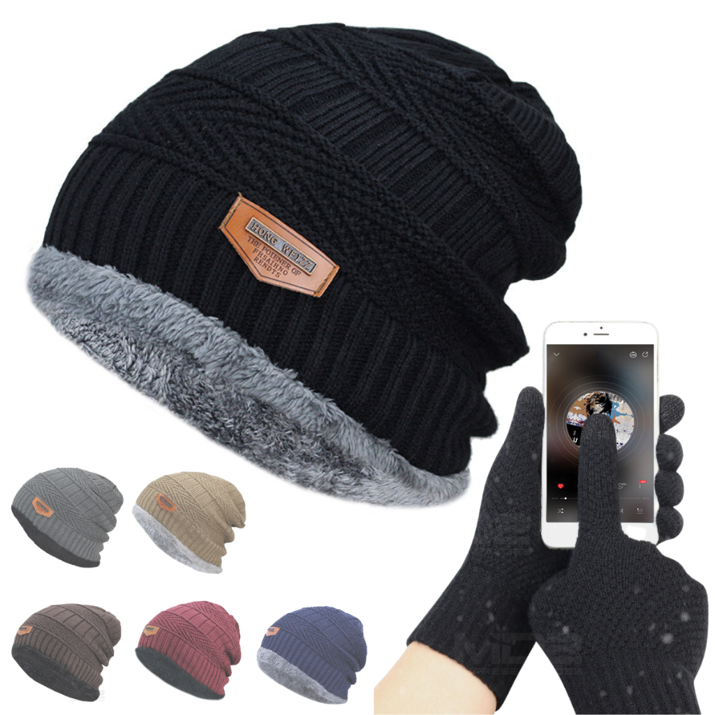 Kit Touca Gorro Lã Forrada + Luva Touch Mexer Celular Tablet