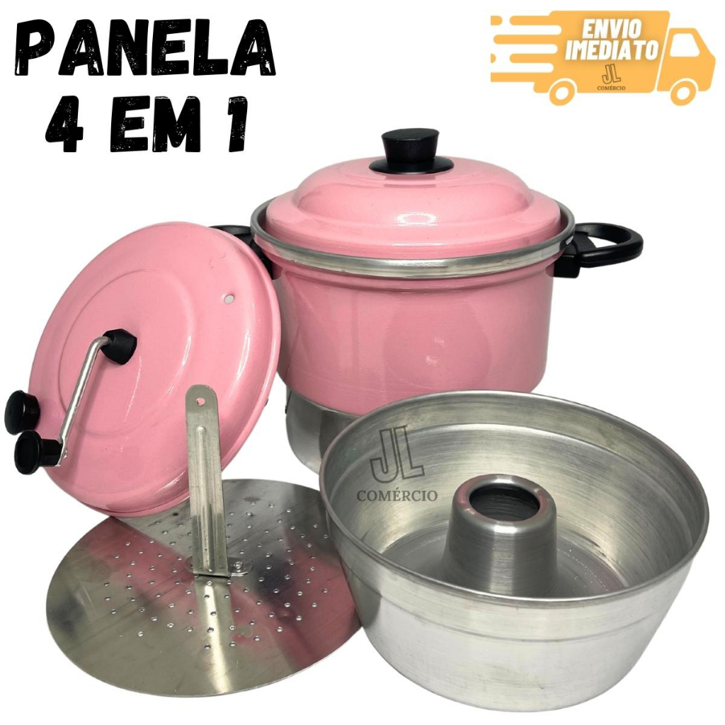 Cuscuzeiro 4 em 1 Panela Rosa Multiuso Pipoqueira Caçarola Faz Pudim No Banho Maria Pipoca Cuscuz Alimentos a Vapor