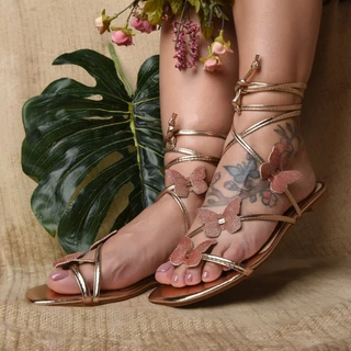 Sandália Feminina Rasteirinha Borboletas De Amarrar Na Perna Flat Luxo Moda Blogueira