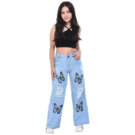 Calça jeans wide leg infantil juvenil estampada com desenho