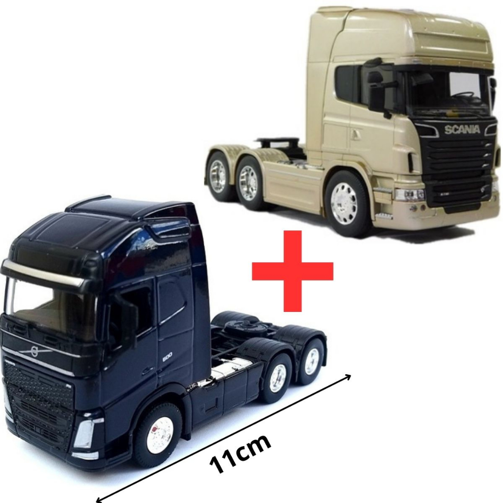 Kit 2 Caminhão de Coleção Trucado 6x2 Volvo Fh 500 + Scania R730 de Ferro Escala 1/64 Welly