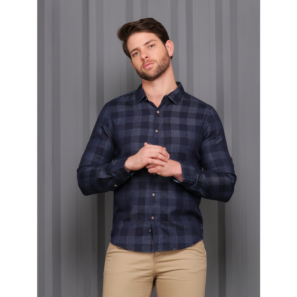 Camisa Jeans Masculina xadrez Manga Longa Importada