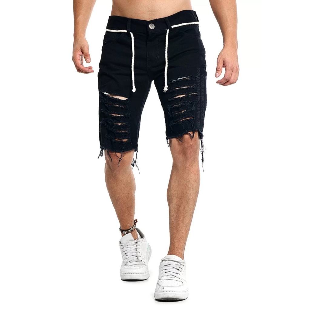 Bermuda Jeans Masculina Rasgada Sarja Destroyed Desfiada Preta Direto Da Fabrica Envio Hoje