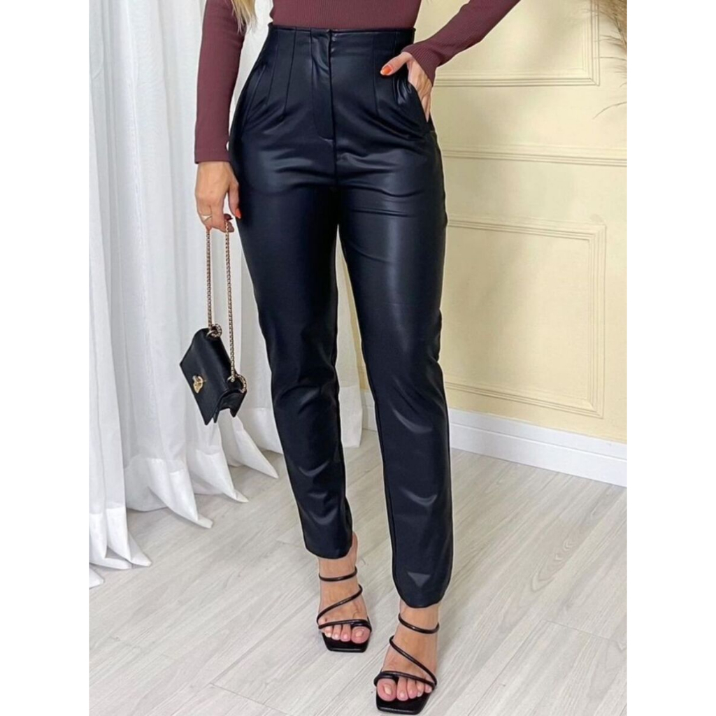 CR008 Calça couro lisa feminina