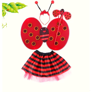 Kit Fantasia Joaninha Infantil Saia + Tiara+ Varinha + Asa