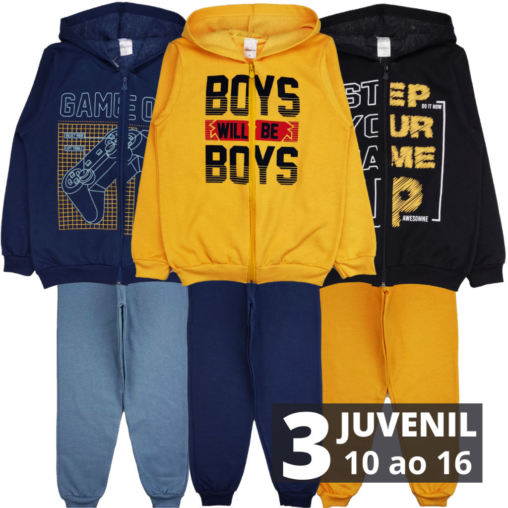 3 Conjunto Infantil Inverno Masculino Moletom Juvenil Tamanho 10 a 14 Anos